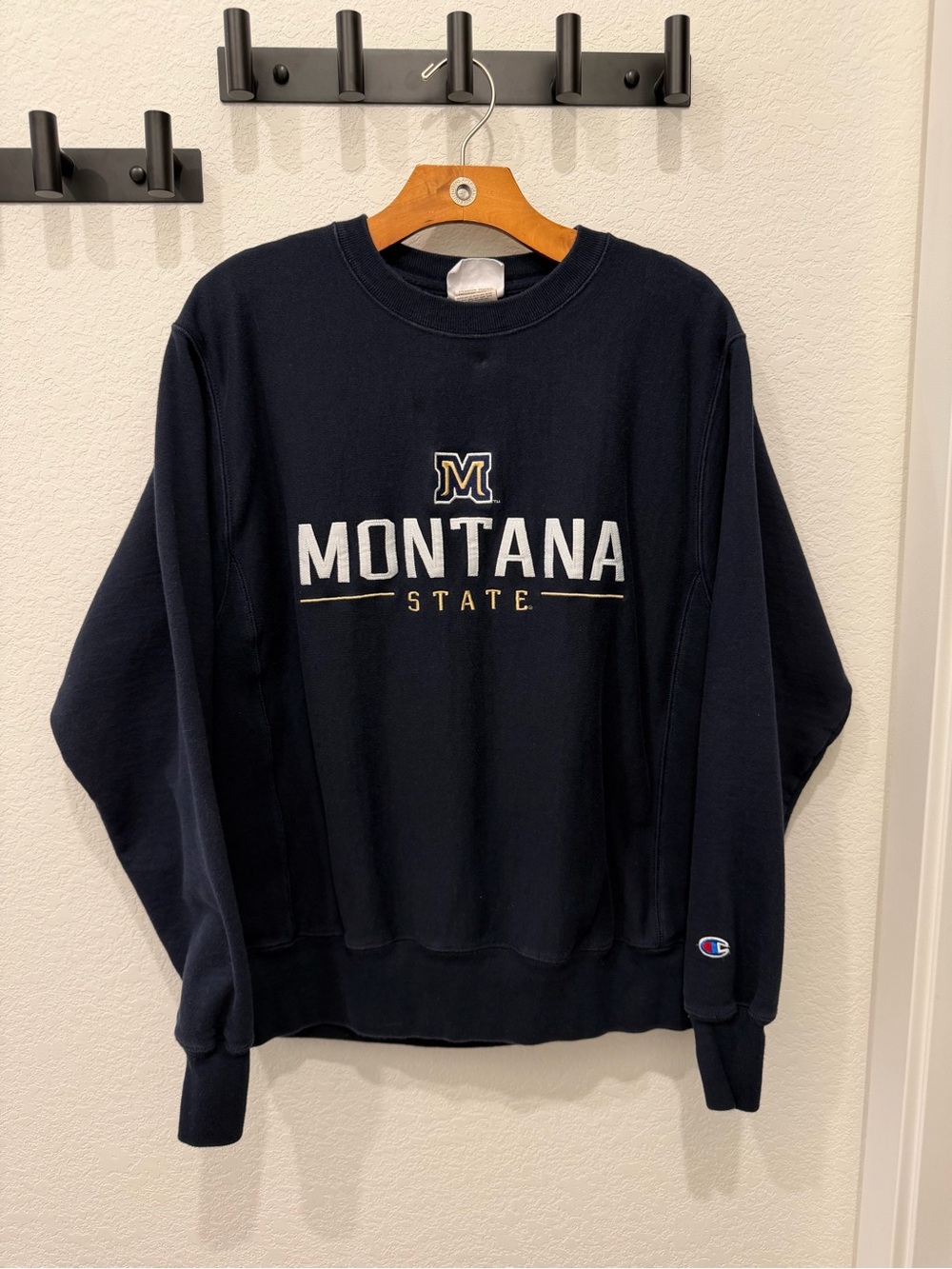 Champion Navy Montana State Crewneck Sweatshirt with White & Gold Lettering